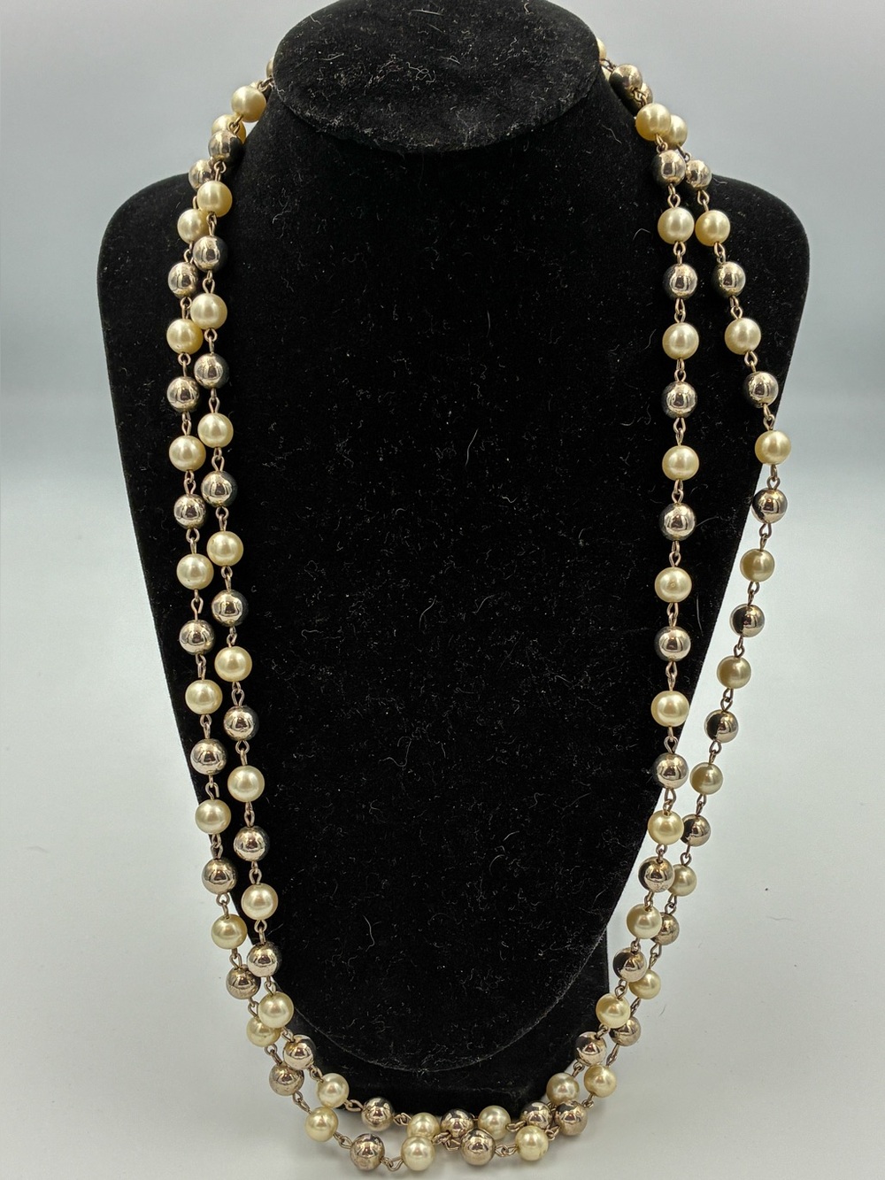 Beaded Faux Pearl Silver Tone Necklace 53"